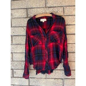 Distressed Red & Navy Plaid Button-Down Shirt By Cloth & Stone Frayed Hem Medium